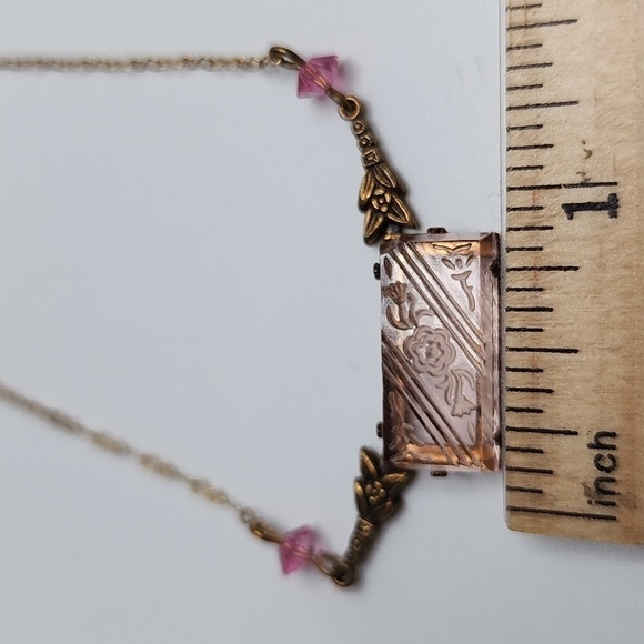 Art Nouveau Necklace Pididdly Links Kingston NY Pink Carved Glass Brass 14" VTG - Picture 10 of 10